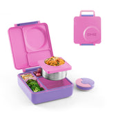 Omie front view of Unicorn Pink bento box showing secure latches and bright design benefit: durable kid-friendly lunchbox