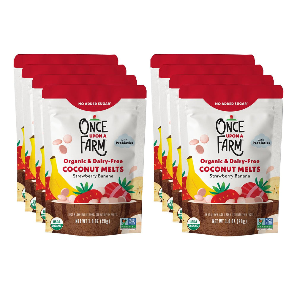 Once Upon a Farm front packaging showing strawberry banana melts and benefits