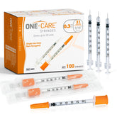 ONE-CARE front box showing 100 syringes and compact packaging for easy storage