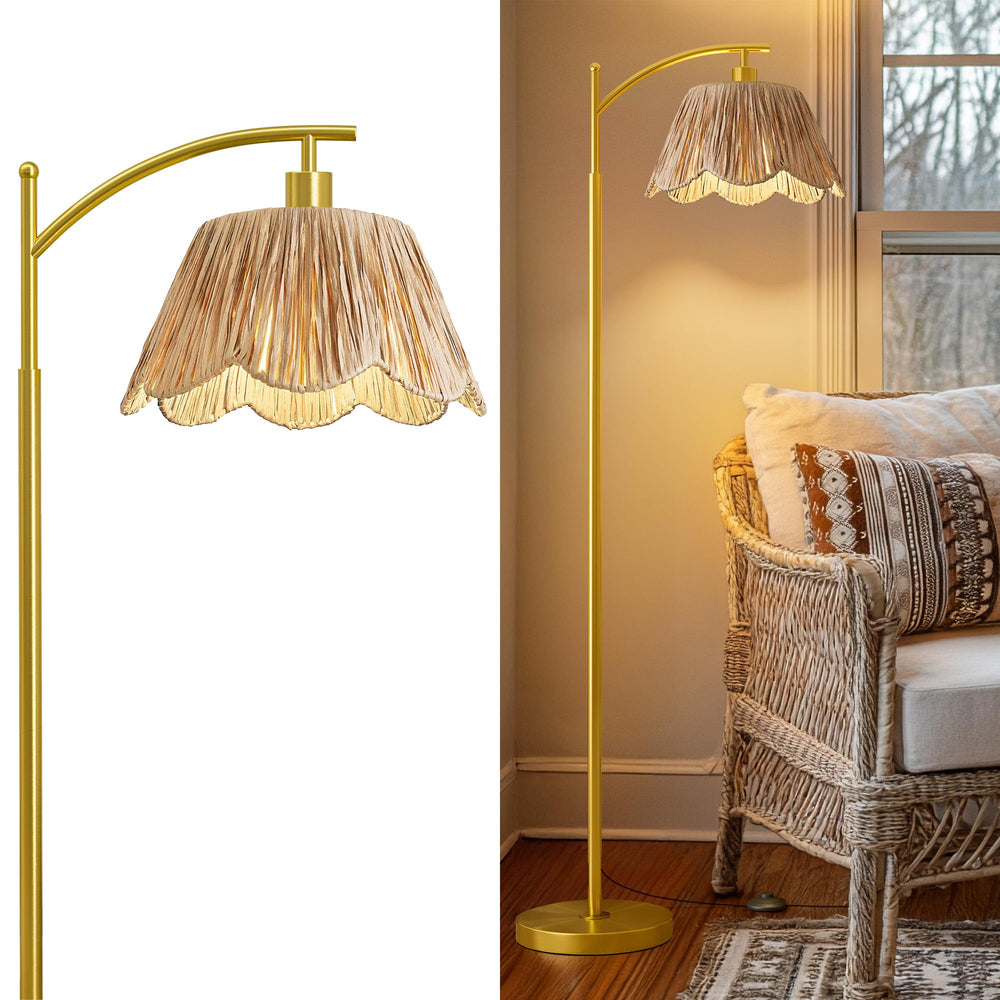 Oneach lamp full front view showing boho rattan shade and gold base benefit ambient glow