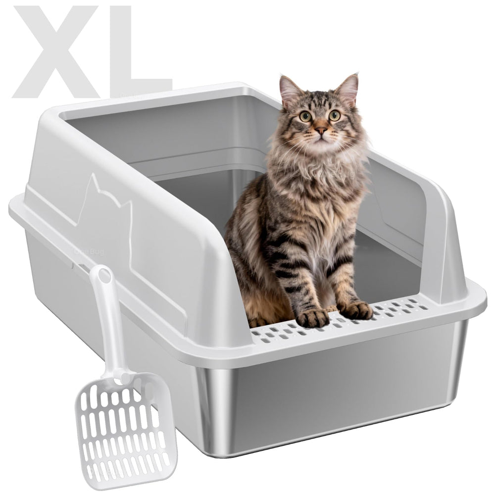 OneBug front view of XL litter box showing roomy interior and containment benefit