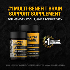ONNIT Alpha Brain bottle angle highlighting capsule form and portable convenience