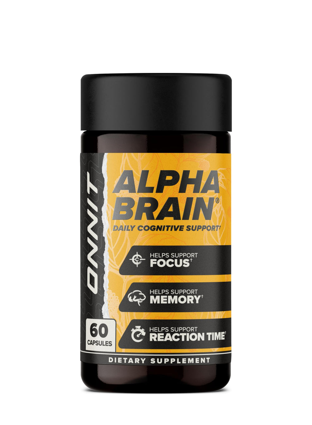 ONNIT Alpha Brain front packaging showing brand and 60-count bottle benefit clarity