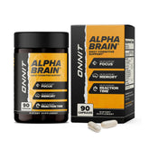 ONNIT Alpha Brain front bottle view showing clear packaging and focus support