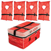 Onyx clear storage bag front view showing four orange Type II life jackets, for easy inspection