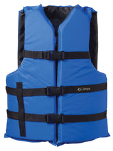 Onyx life jacket front view showing bright blue color and secure fit benefits