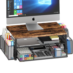 OPNICE front view of brown monitor stand riser showing elevated screen and tidy desk benefit