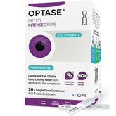 Optase front packaging showing 30 single dose vials and branding for sterile relief
