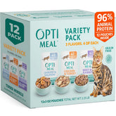 Optimeal front packaging variety pack showing multiple pouches and convenience benefit