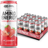 Optimum Nutrition front can showing Juicy Strawberry flavor and benefit of energy