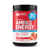Optimum Nutrition tub front view showing Juicy Strawberry flavor and benefits
