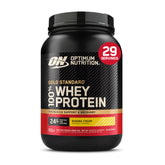 Optimum Nutrition tub front view showing Banana Cream flavor and clear benefit