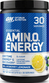 Optimum Nutrition front label showing blueberry lemonade flavor and benefits