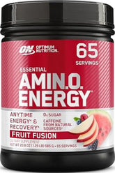 Optimum Nutrition front tub showing Fruit Fusion label and benefits