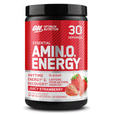 Optimum Nutrition front packaging showing Juicy Strawberry flavor and size benefits