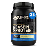 Optimum Nutrition tub front view showing Creamy Vanilla and serving info for convenience