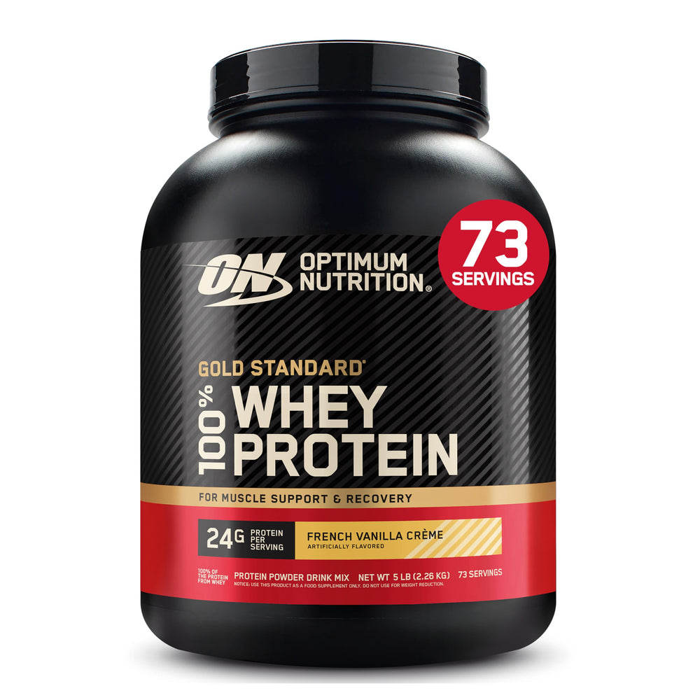 Optimum Nutrition tub front view showing 5 lb size and branding, ideal for regular use