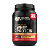 Optimum Nutrition front tub showing French Vanilla Crème, clear protein branding and benefit