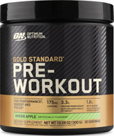 Optimum Nutrition front packaging showing Green Apple pre-workout and servings benefit
