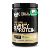 Optimum Nutrition front packaging showing Vanilla tub and brand for clear identification