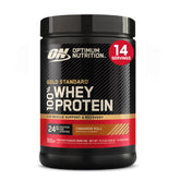 Optimum Nutrition front packaging showing cinnamon roll flavor and 1 lb tub benefit