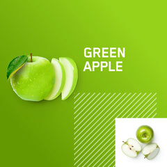 Optimum Nutrition open tub revealing fine green apple powder for easy scooping and mixing