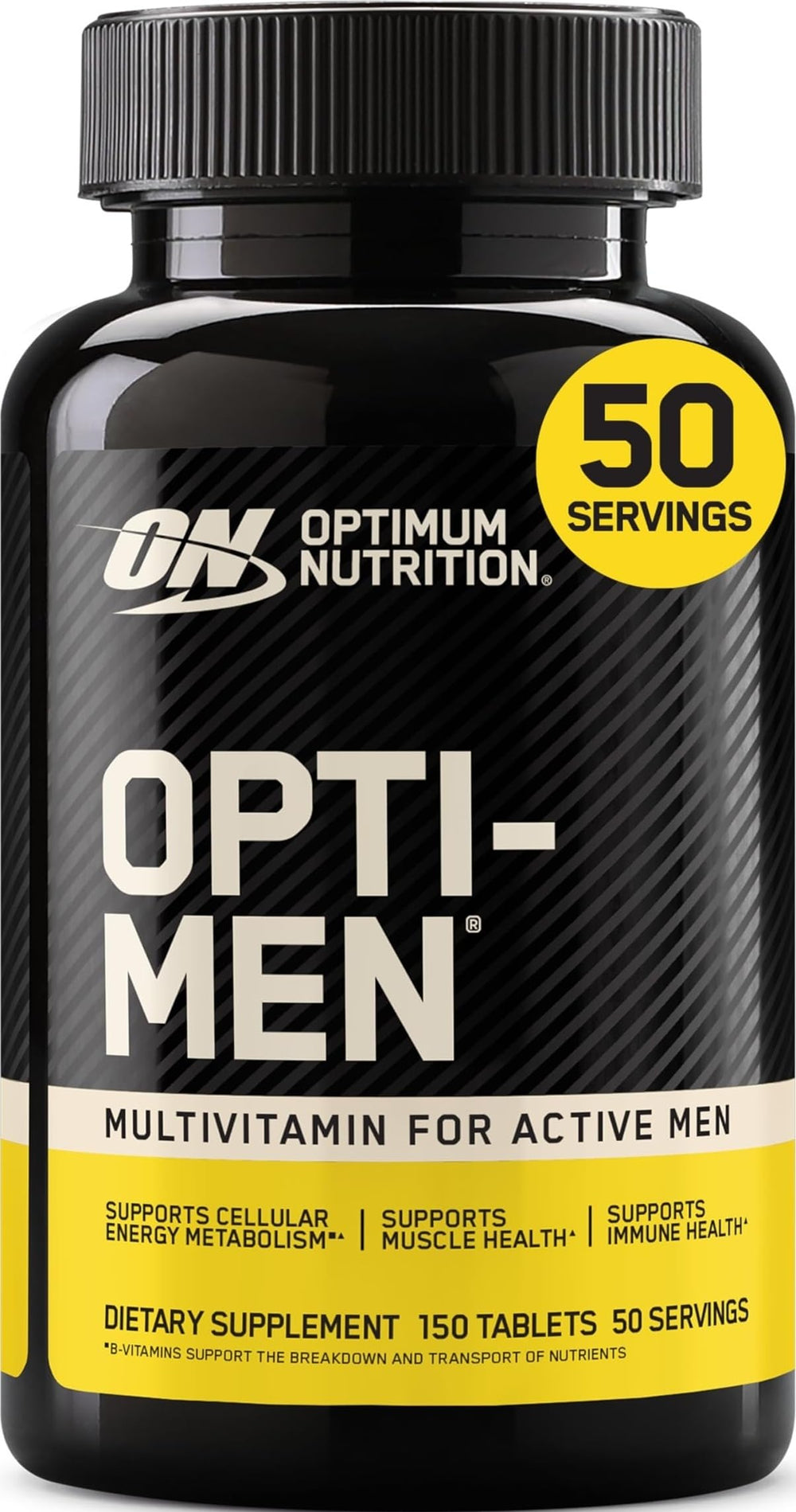 Optimum Nutrition bottle front packaging showing Opti-Men label and benefits