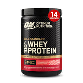 Optimum Nutrition front packaging showing 1 lb tub and flavor, convenient trial size benefit