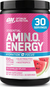 Optimum Nutrition tub front view showing watermelon flavor and 30 servings benefit