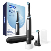 Oral-B iO Series 3 front view showing sleek black handle and power button for efficient cleaning