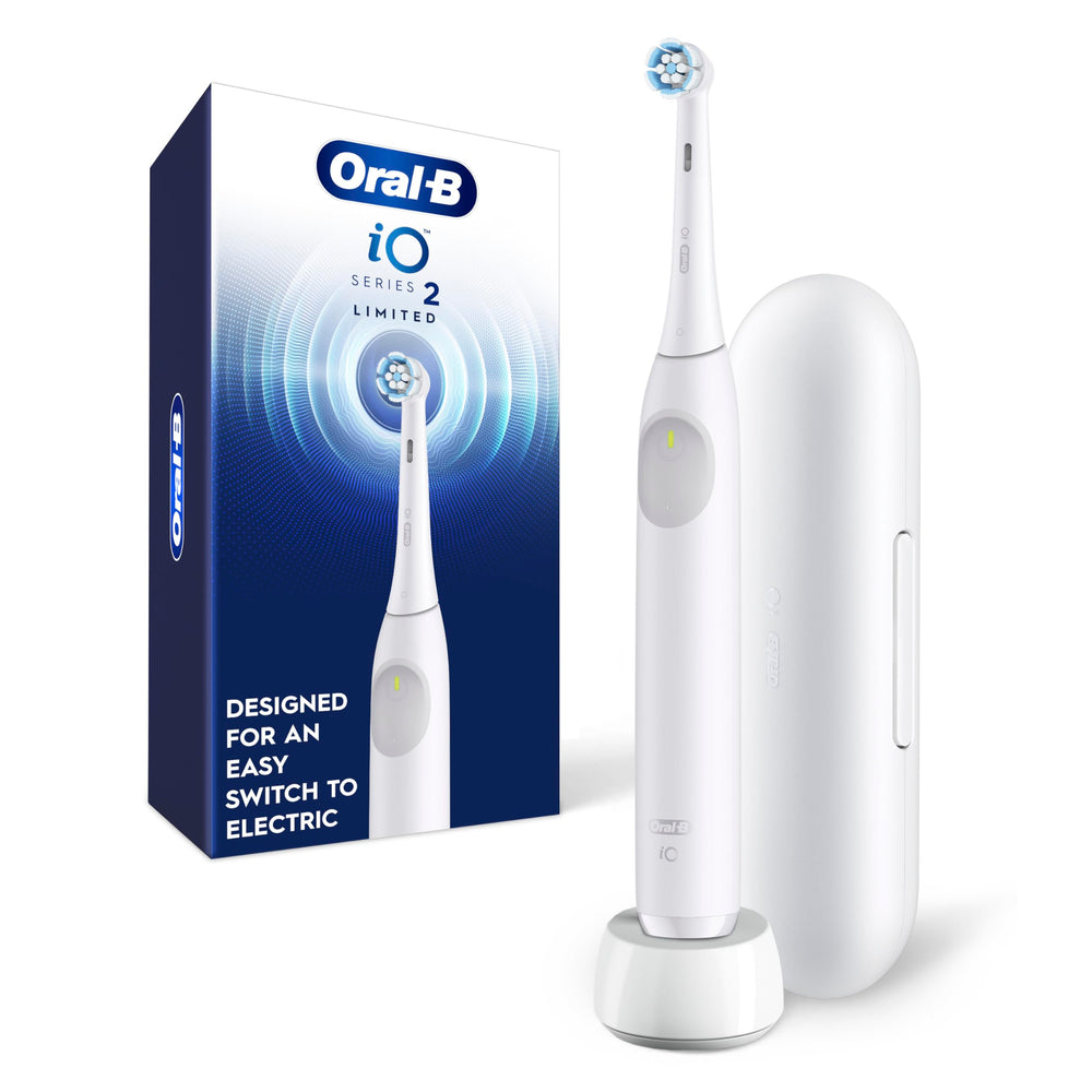 Oral-B iO Series 2 front view showing sleek white design and one-touch button, delivers powerful clean