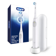 Oral-B iO Series 2 front view showing sleek white design and one-touch button, delivers powerful clean