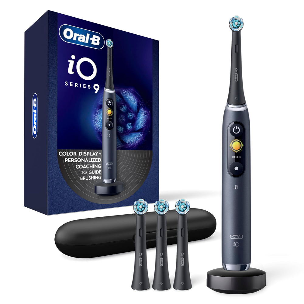 Oral-B iO Series 9 handle front view showing sleek design and easy grip benefit