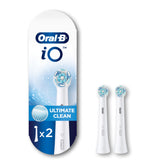 Oral-B iO front packaging showing two white Ultimate Clean brush heads and benefits