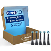 Oral-B iO pack front showing five replacement heads and clear benefit