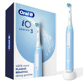 Oral-B iO3 front view in blue showing sleek handle and brush head, demonstrating confident cleaning