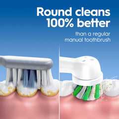 Oral-B Pro 100 side view with two AA batteries demonstrating ready-to-use convenience