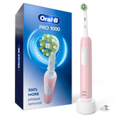Oral-B Pro 1000 front packaging showing pink toothbrush and benefits