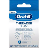 Oral-B front pack view showing 30 single-use threader flosses for travel convenience