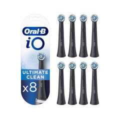 Oral-B black pack front view showing eight replacement heads and clear packaging benefit: long-lasting supply