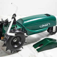 Orbit side profile illustrating sturdy cast-iron body and wheelbase for durability