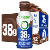 Orgain 38g chocolate front packaging showing nutrition and ready-to-drink benefit