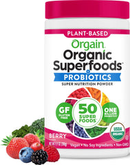 Orgain berry tub front view showing organic superfoods and probiotic benefits