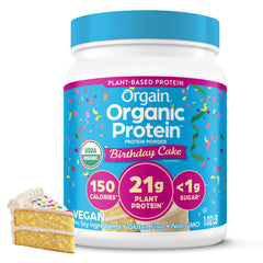 Orgain Birthday Cake front packaging showing organic plant protein benefits
