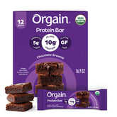 Orgain front packaging showing chocolate brownie bars and organic seal for convenient snacking