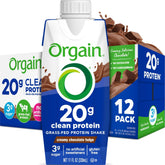 Orgain chocolate front packaging shows clean protein benefits