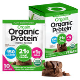 Orgain front packaging showing chocolate fudge travel packs and benefits