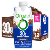 Orgain chocolate fudge front packaging showing nutrition highlights and 30g protein