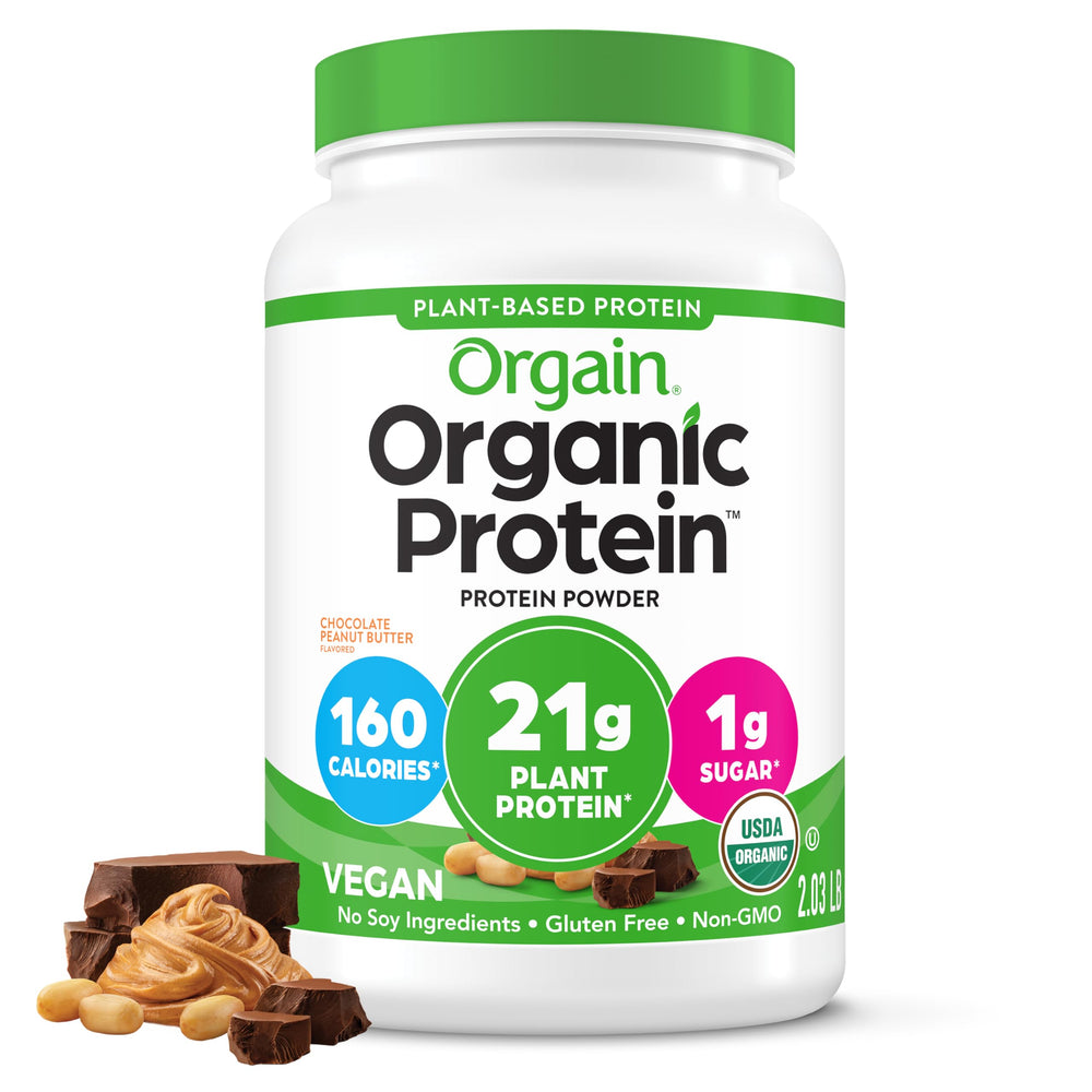 Orgain tub front label showing chocolate peanut butter flavor and organic benefits