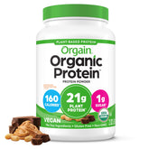 Orgain tub front label showing chocolate peanut butter flavor and organic benefits